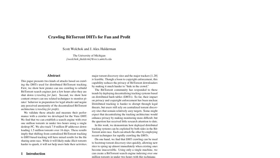 Screenshot of usenix.org: Crawling BitTorrent DHTs for Fun and Profit [pdf]