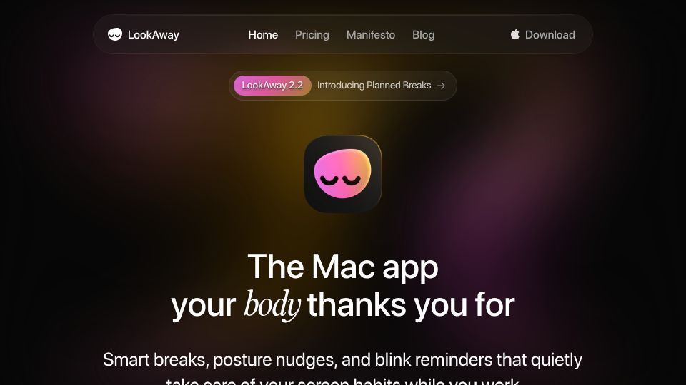 Screenshot of lookaway.com: Show HN: LookAway, a Mac break reminder that knows when not to interrupt