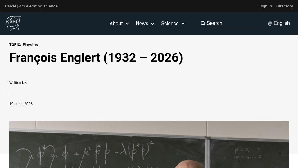 Screenshot of home.cern: François Englert (1932 – 2026)