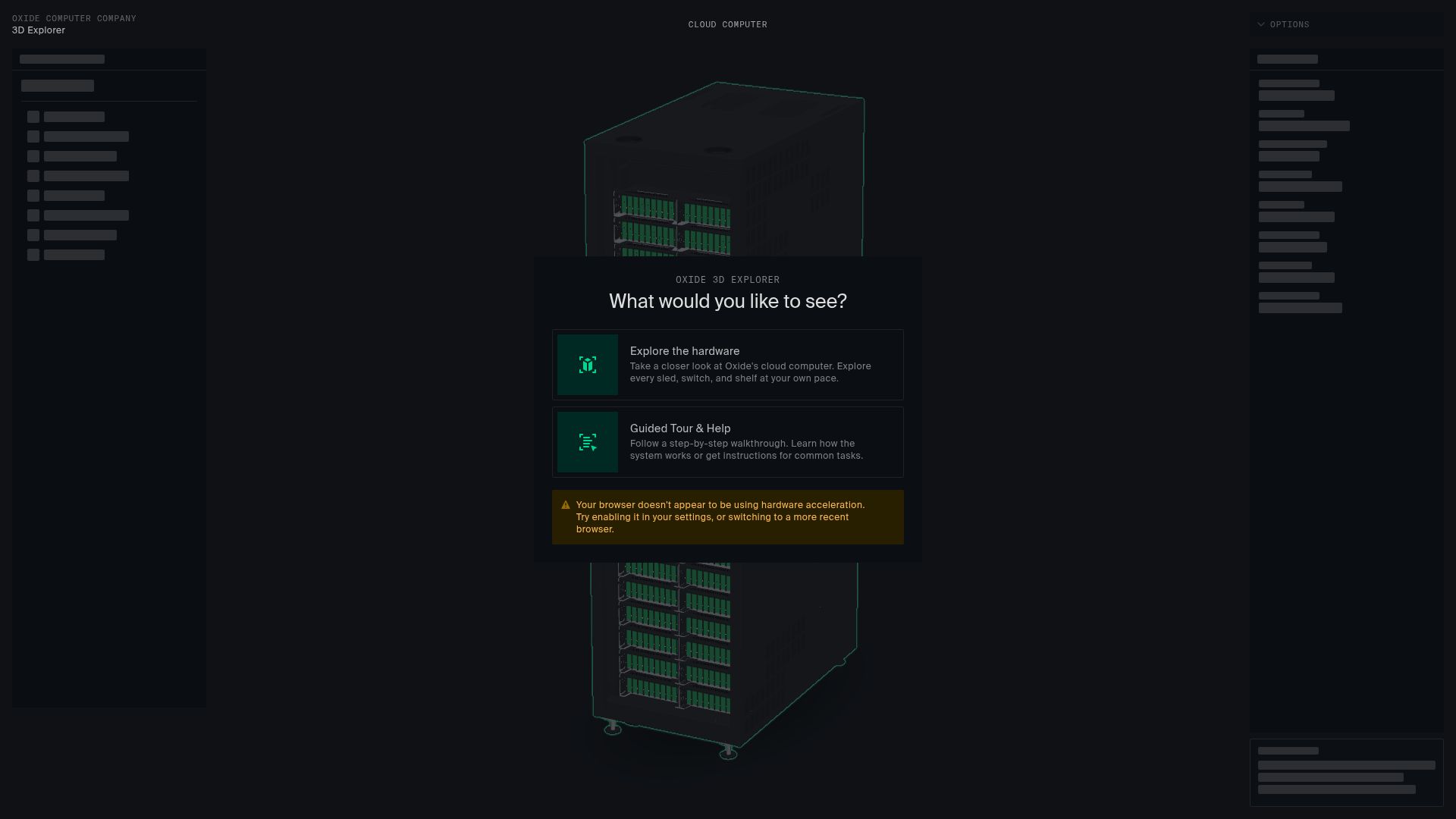 Screenshot of explorer.oxide.computer: Oxide computer 3D rack guided tour