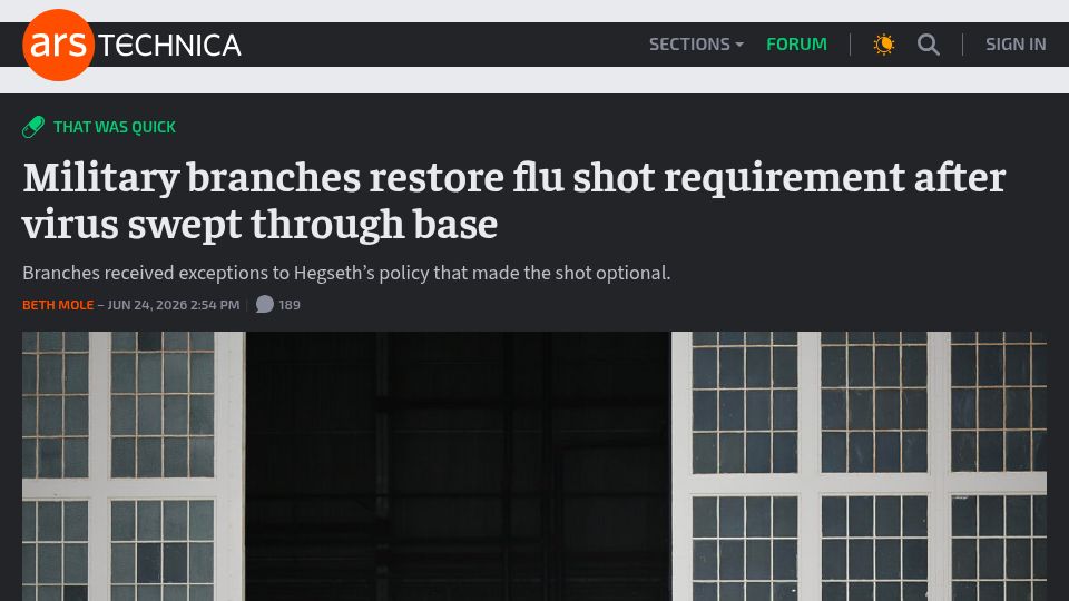 Screenshot of arstechnica.com: Military branches restore flu shot requirement after virus swept through base