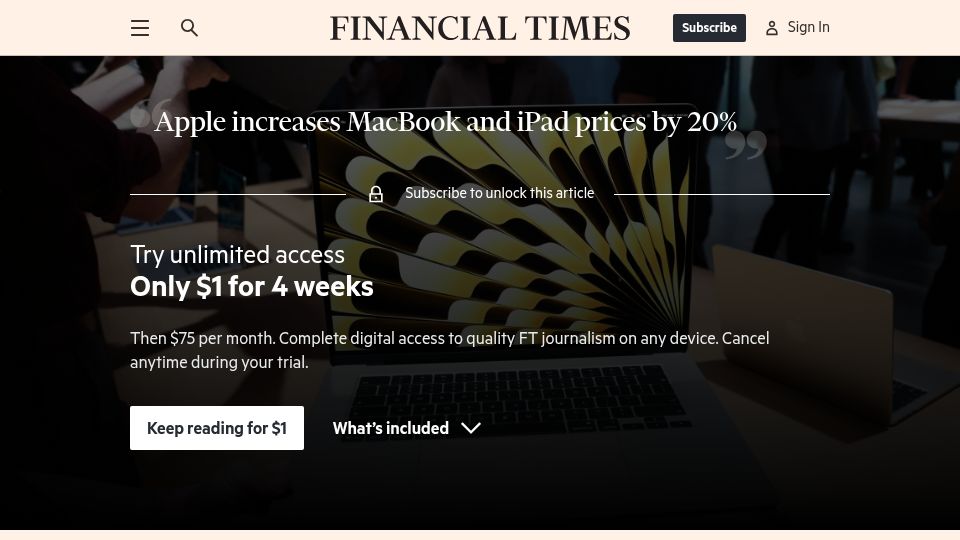 Screenshot of ft.com: Apple increases MacBook and iPad prices by 20%