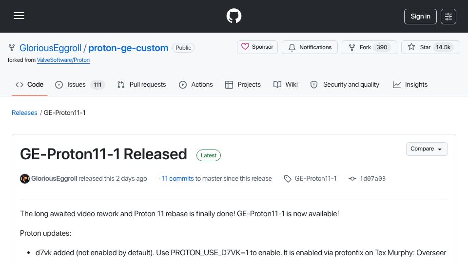 Screenshot of github.com: GloriousEggroll's Proton has been rebased on Proton 11