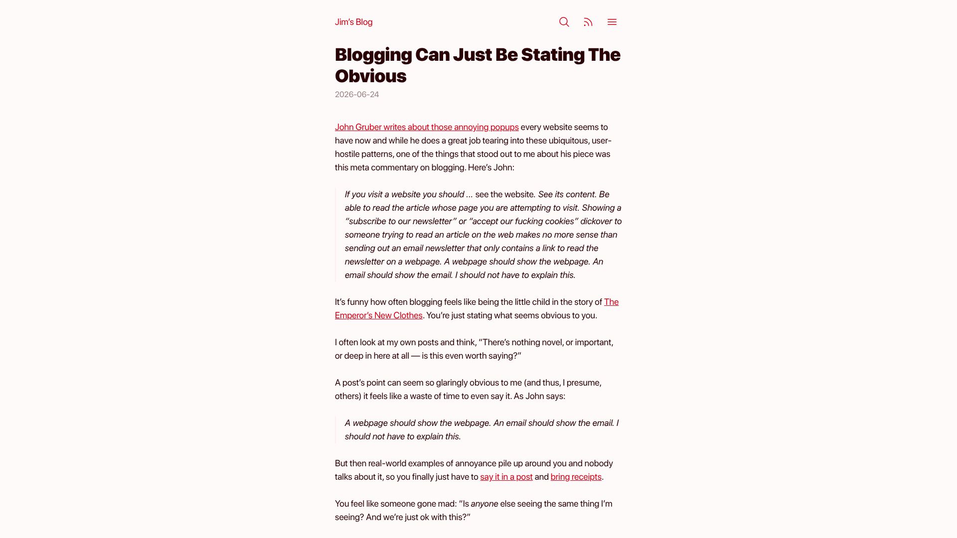 Screenshot of blog.jim-nielsen.com: Blogging can just be stating the obvious