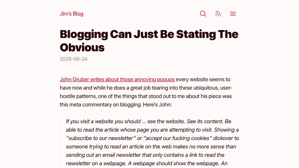 Screenshot of blog.jim-nielsen.com: Blogging can just be stating the obvious