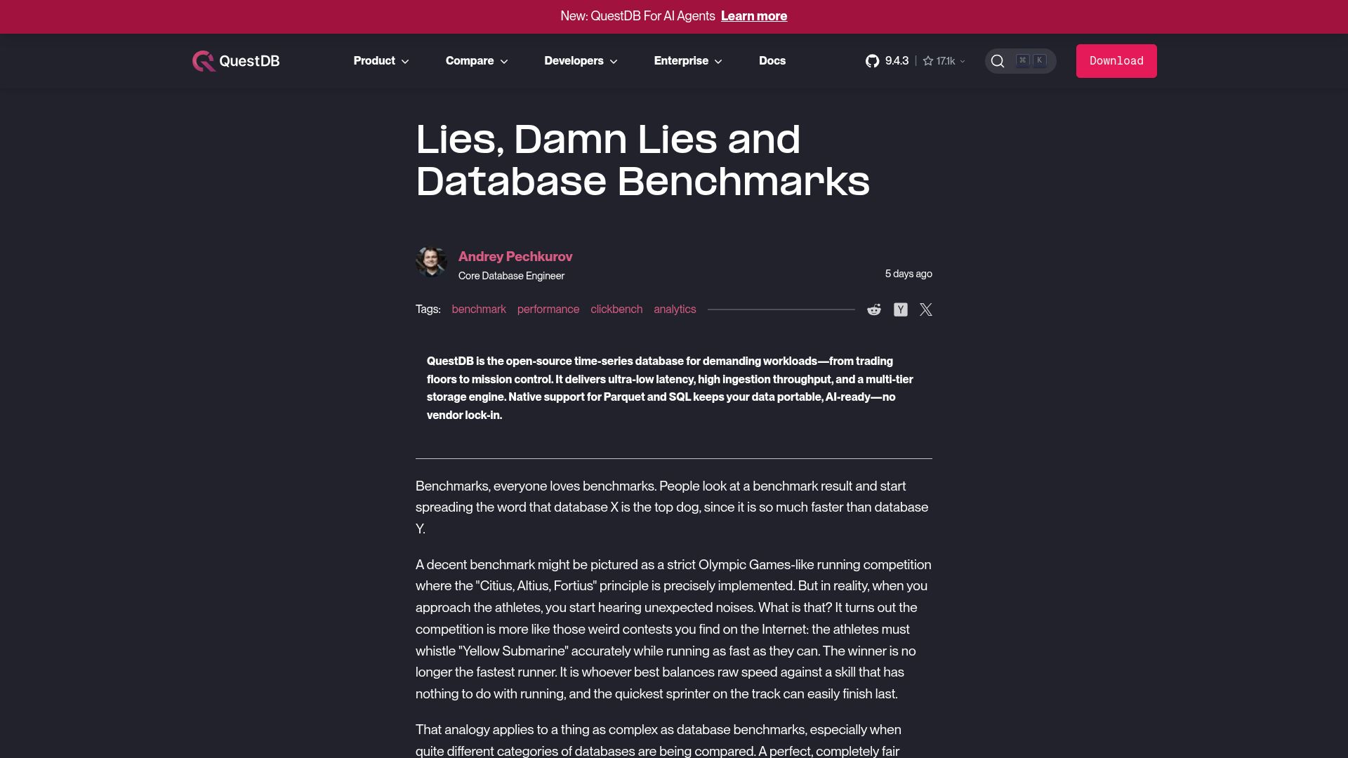 Screenshot of questdb.com: Lies, Damn Lies and Database Benchmarks