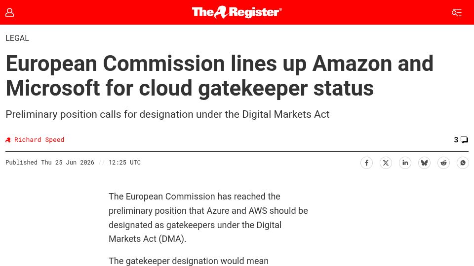 Screenshot of theregister.com: European Commission lines up Amazon and Microsoft for cloud gatekeeper status