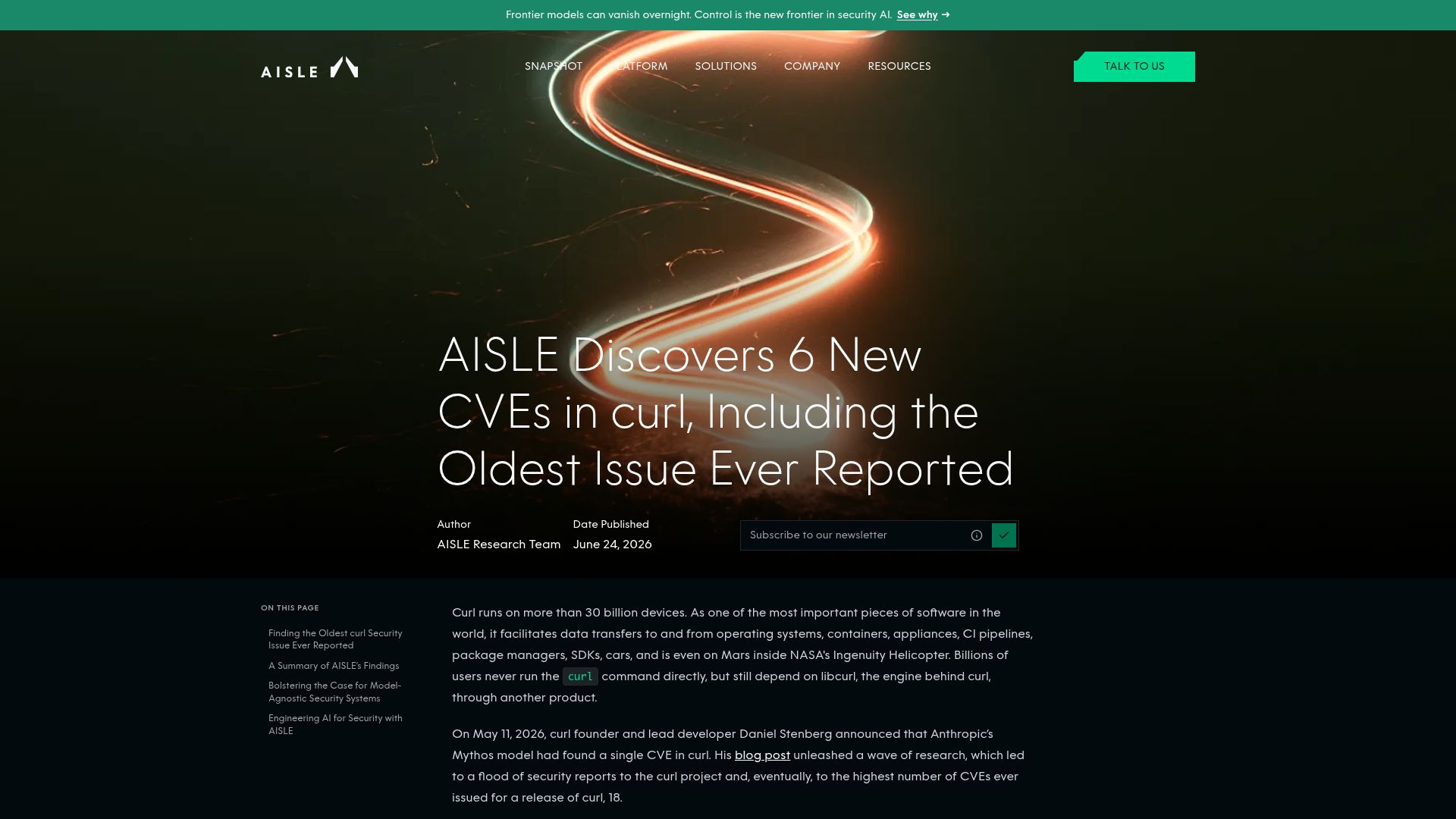 Screenshot of aisle.com: Aisle Discovers 6 New CVEs in Curl, Including the Oldest Issue Ever Reported