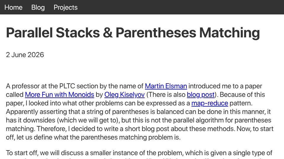 Screenshot of williamdue.github.io: Parallel Parentheses Matching