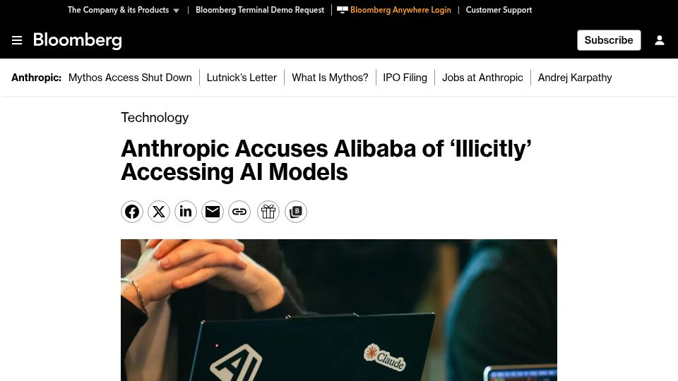 Screenshot of reuters.com: Anthropic says Alibaba illicitly extracted Claude AI model capabilities