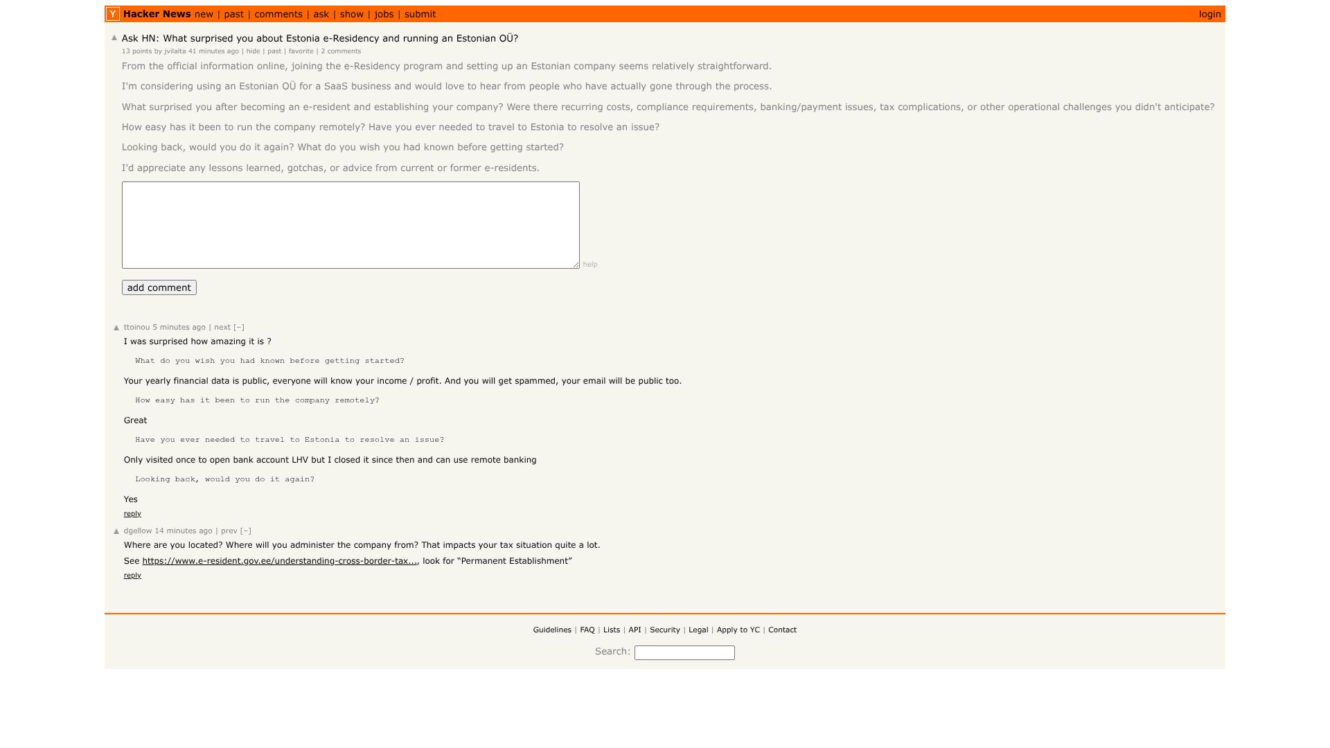 Screenshot of this Hacker News post: Ask HN: What surprised you about Estonia e-Residency and running an Estonian OÜ?