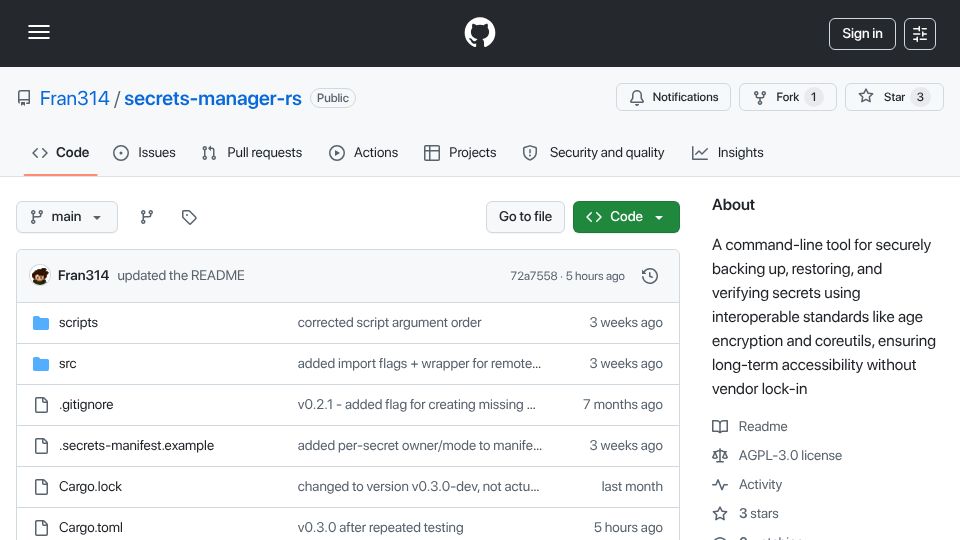 Screenshot of github.com: Show HN: Secs-man, a secrets manager you can (not) rely on