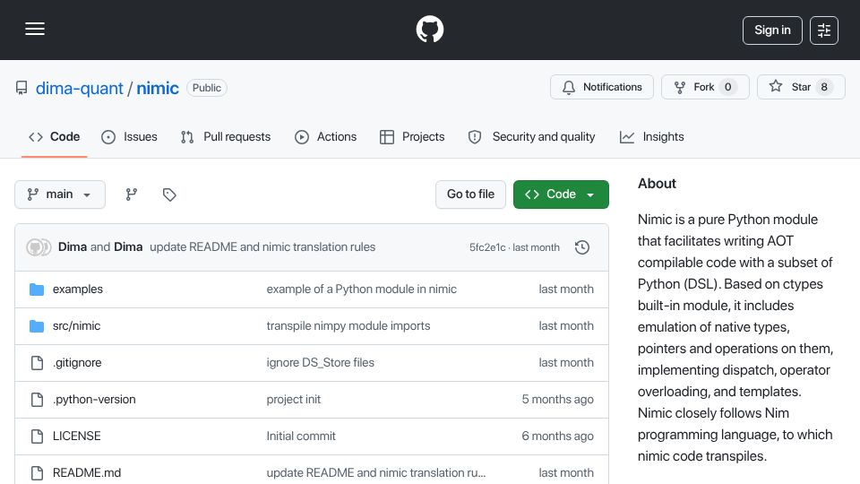 Screenshot of github.com: Show HN: Nimic – Pure Python as a systems language with AOT compilation