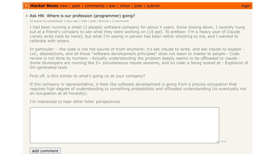 Screenshot of Hacker News post: Ask HN: Where is our profession (programmer) going?