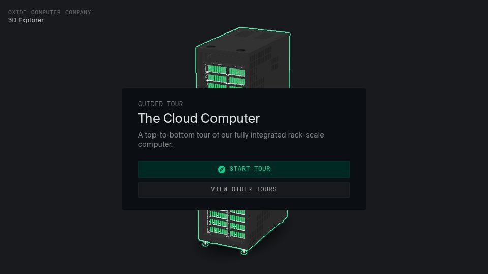 Screenshot of explorer.oxide.computer: Oxide computer 3D rack guided tour