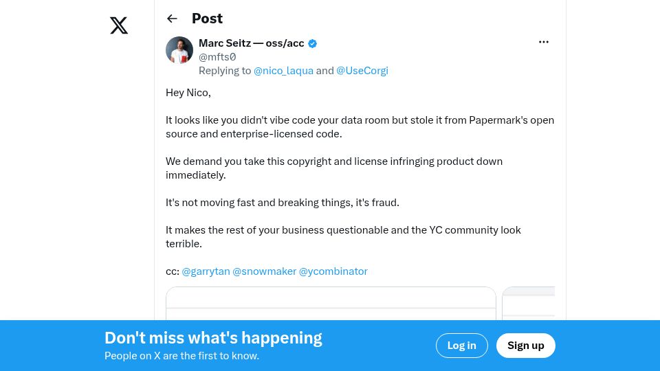 Screenshot of twitter.com: Hey Nico, you didn't vibe code your data room but stole it from Papermark