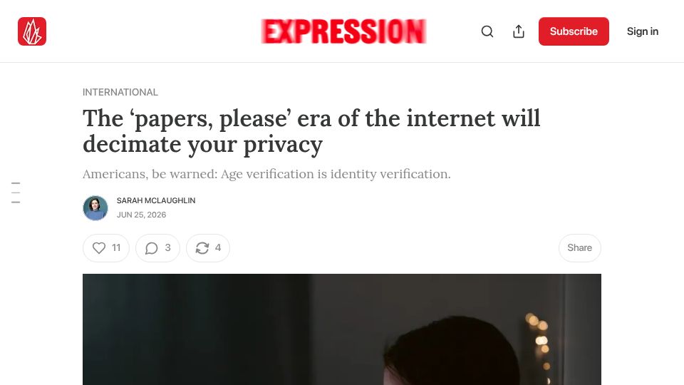 Screenshot of expression.fire.org: The 'papers, please' era of the internet will decimate your privacy