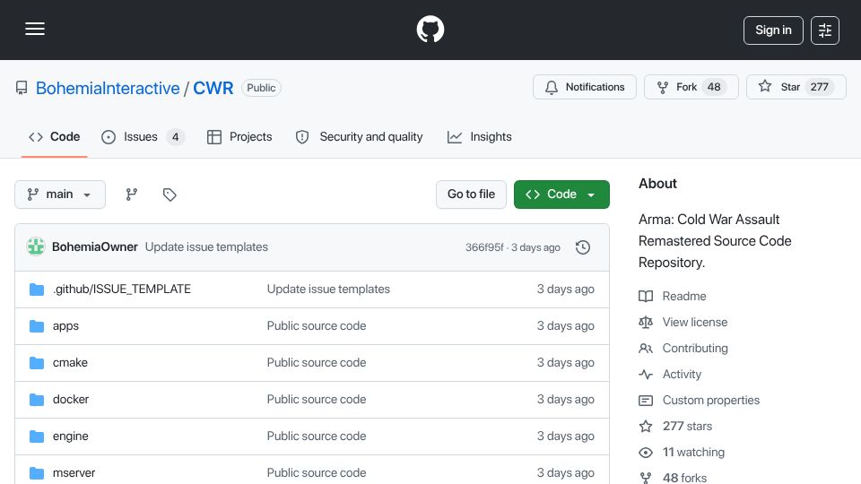Screenshot of github.com: Bohemia Interactive: Cold War Assault Remastered Source Code on GitHub