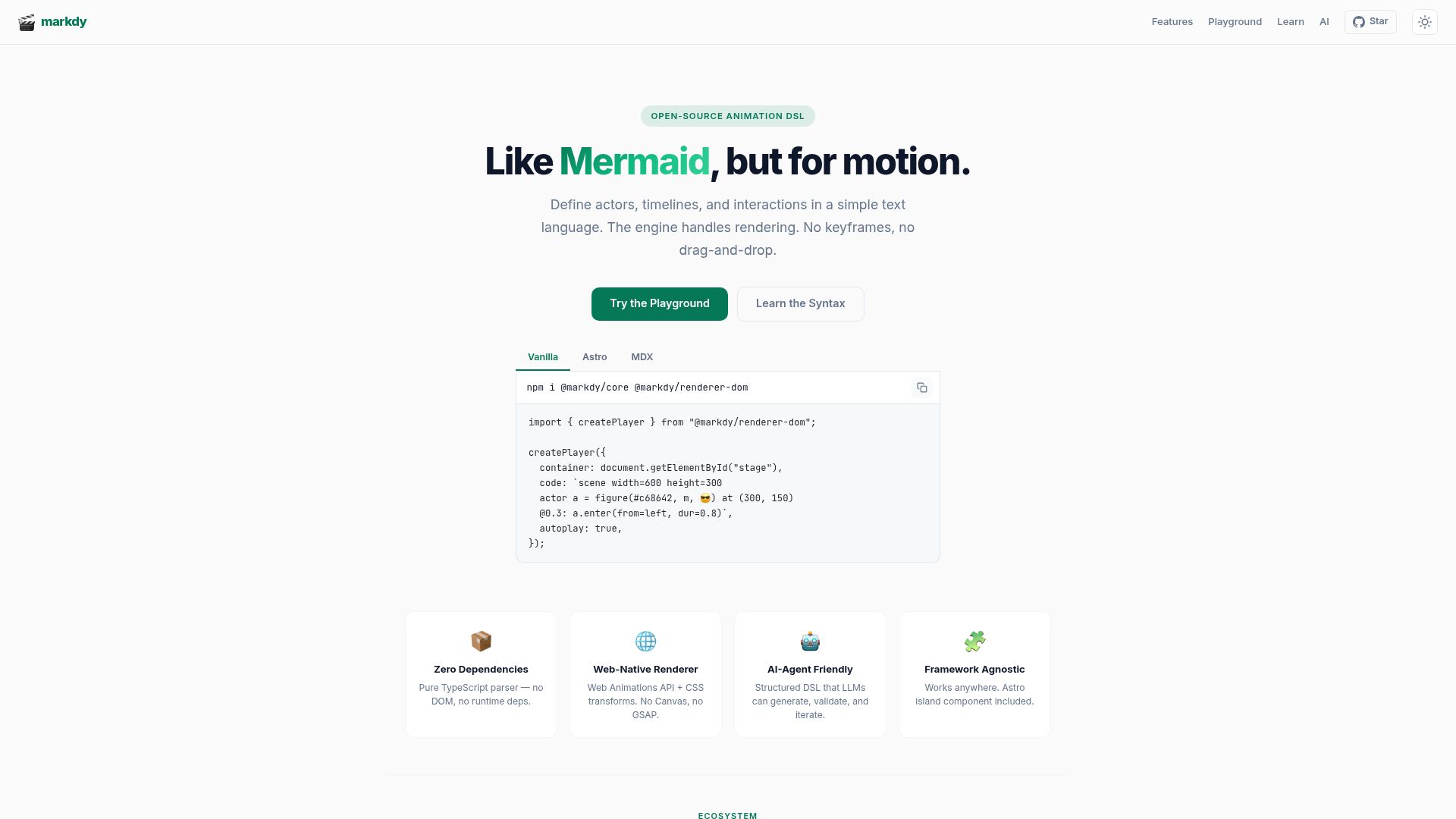 Screenshot of markdy.com: Markdy: Like Mermaid Diagrams, but for Motion