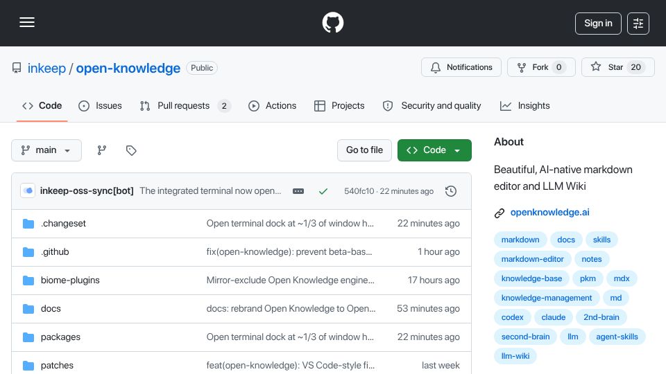 Screenshot of github.com: Show HN: OpenKnowledge – open source AI-first alternative to Obsidian/Notion