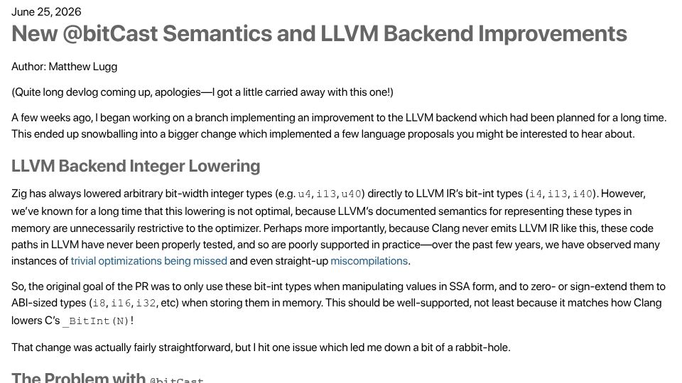 Screenshot of ziglang.org: Zig's new bitCast semantics and LLVM back end improvements
