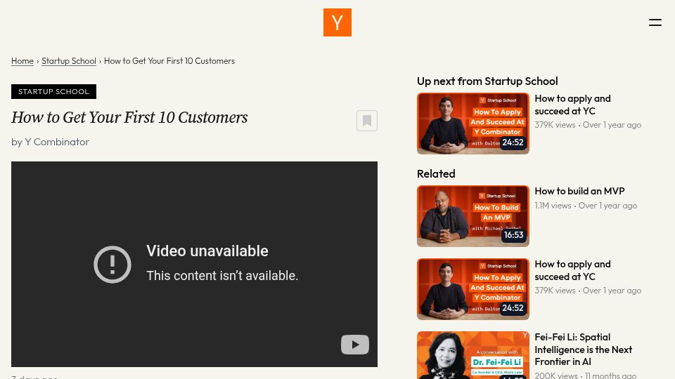 Screenshot of ycombinator.com: How to get your first customers [video]