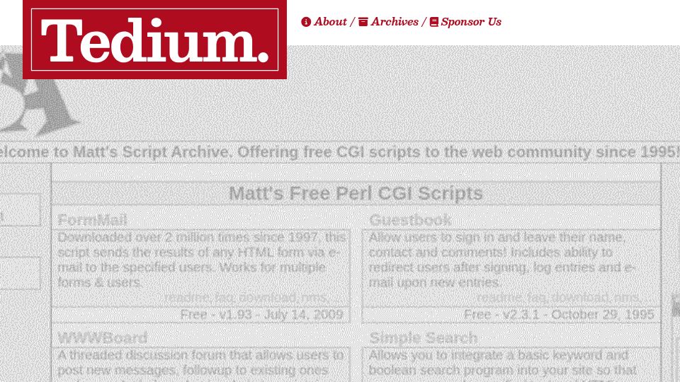 Screenshot of tedium.co: Matt's Script Archive: The Scripts That Reshaped the Web