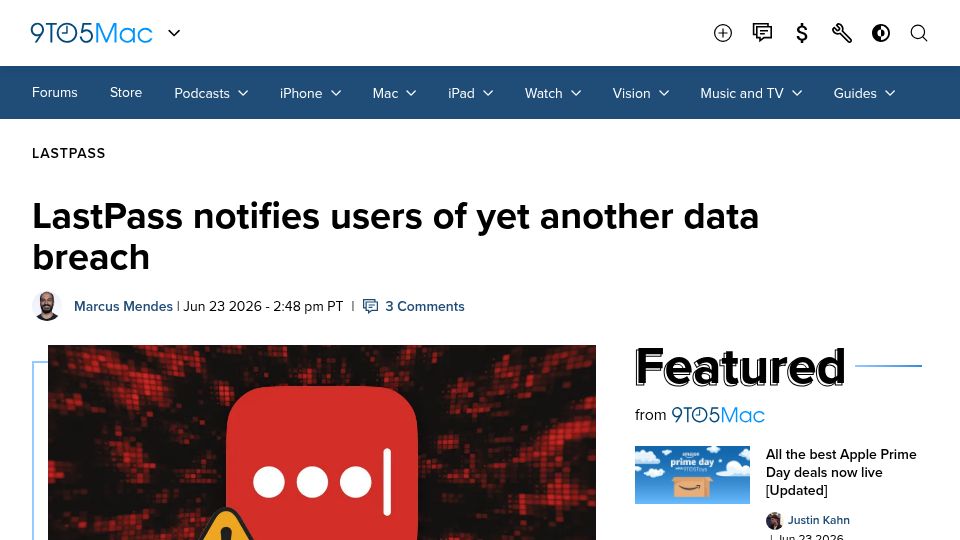 Screenshot of 9to5mac.com: LastPass notifies users of yet another data breach