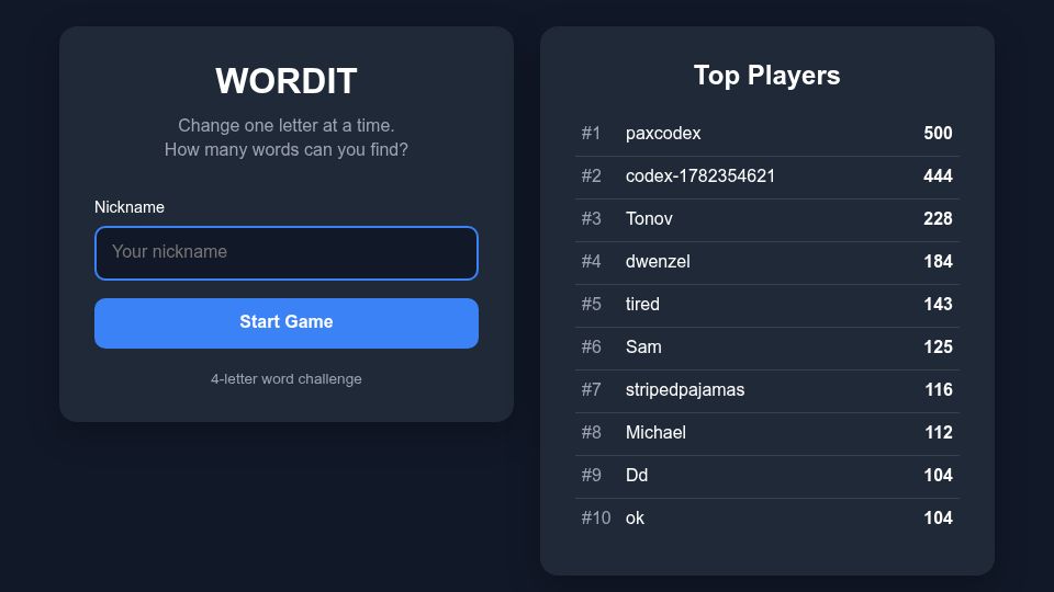 Screenshot of victorribeiro.com: Show HN: Wordit – Change One Letter, Keep the Chain Going