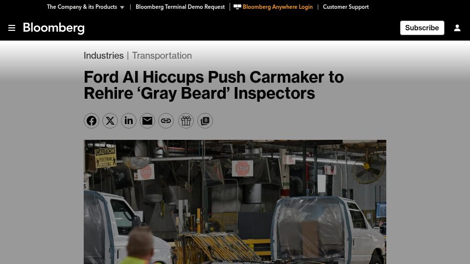 Screenshot of bloomberg.com: Ford AI hiccups push carmaker to rehire ‘gray beard’ inspectors
