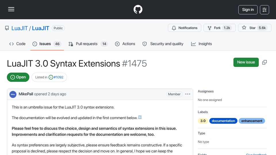 Screenshot of github.com: LuaJIT 3.0 proposed syntax extensions