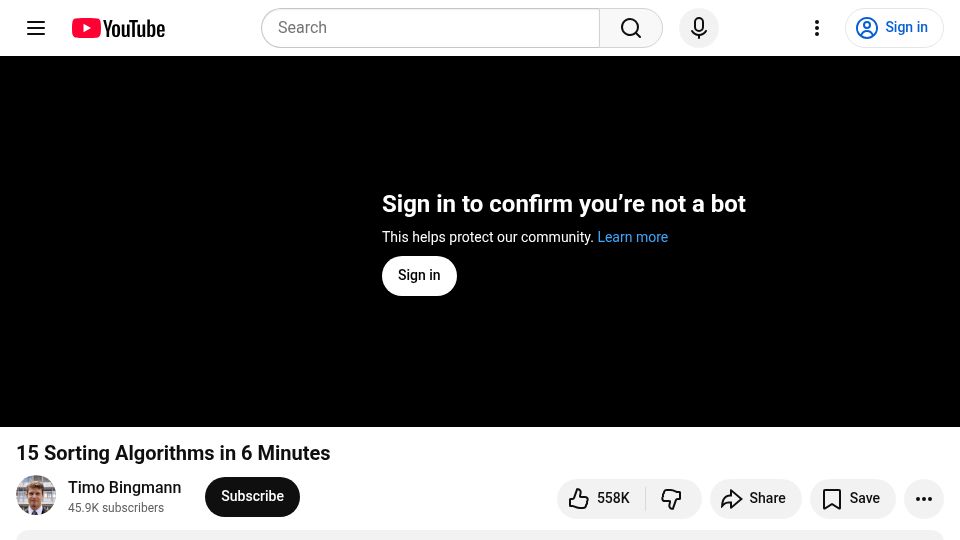 Screenshot of youtube.com: 15 sorting algorithms in 6 minutes (2013) [video]