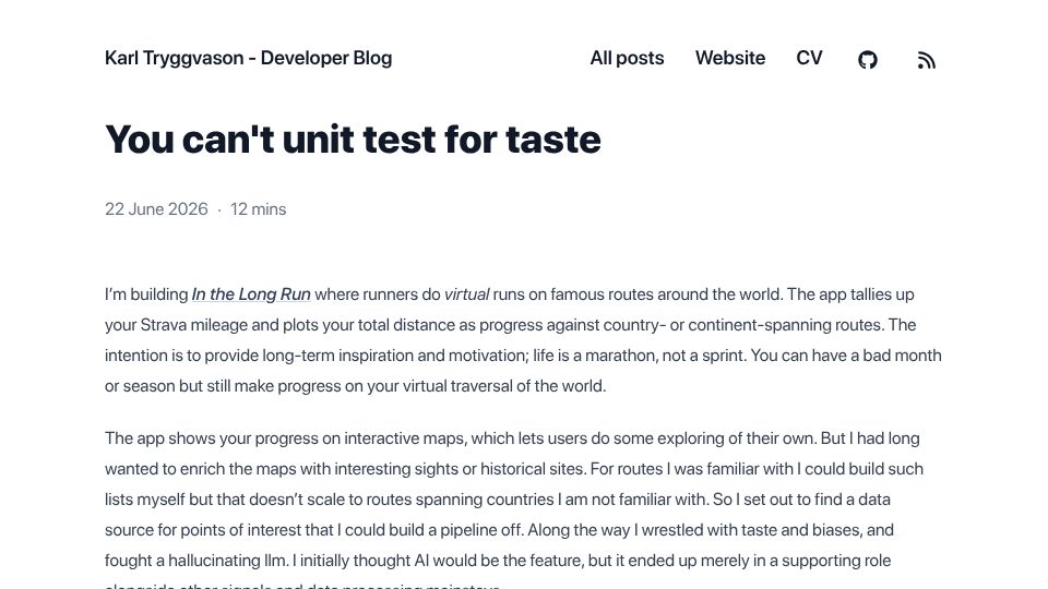 Screenshot of dev.karltryggvason.com: You can't unit test for taste