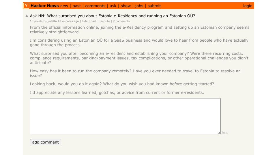 Screenshot of Hacker News post: Ask HN: What surprised you about Estonia e-Residency and running an Estonian OÜ?