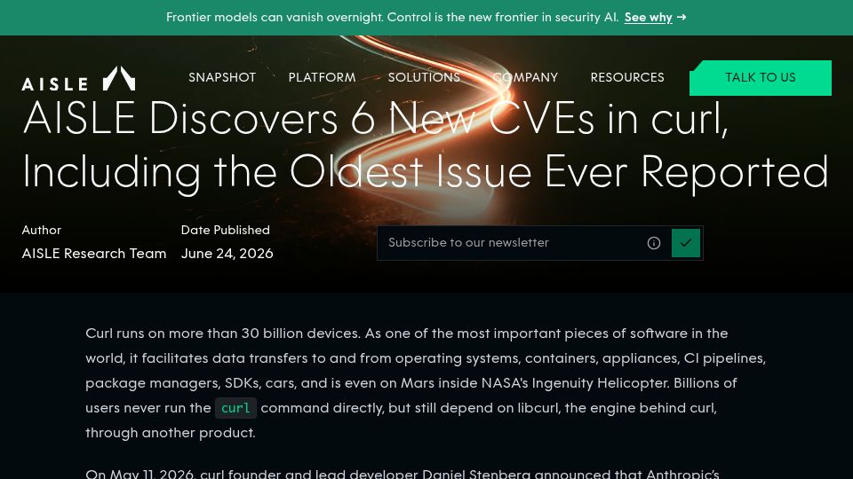 Screenshot of aisle.com: Aisle Discovers 6 New CVEs in Curl, Including the Oldest Issue Ever Reported