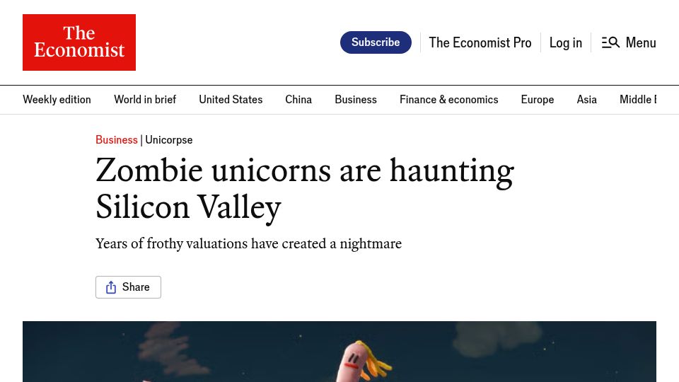 Screenshot of economist.com: Zombie unicorns are haunting Silicon Valley