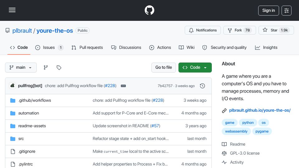 Screenshot of github.com: A game where you're an OS and have to manage processes, memory and I/O events