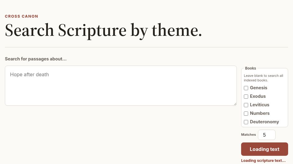Screenshot of crosscanon.com: Show HN: Bible as RAG Database