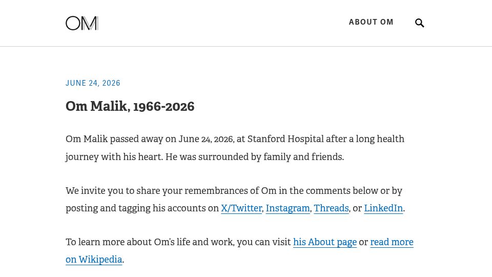 Screenshot of om.co: Om Malik has died