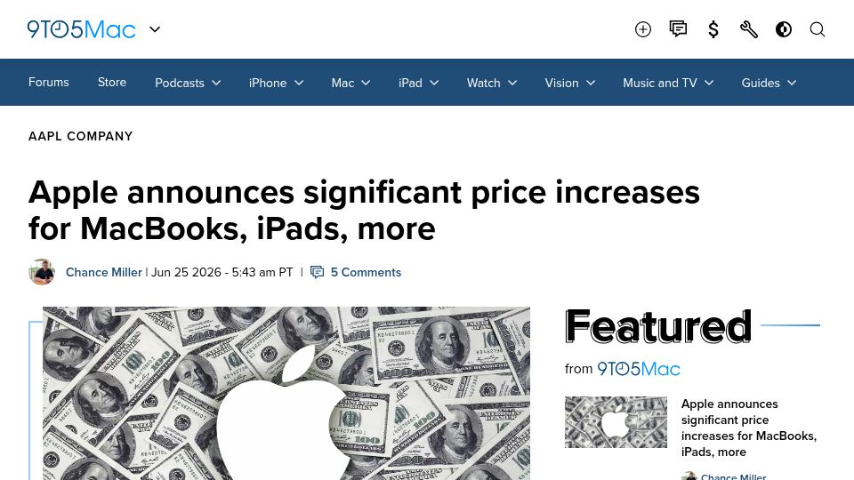 Screenshot of reuters.com: Apple raises prices of MacBooks, iPads