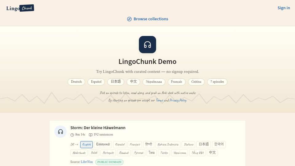 Screenshot of lingochunk.com: Show HN: Turn native language audio into flashcards and shadowing practice