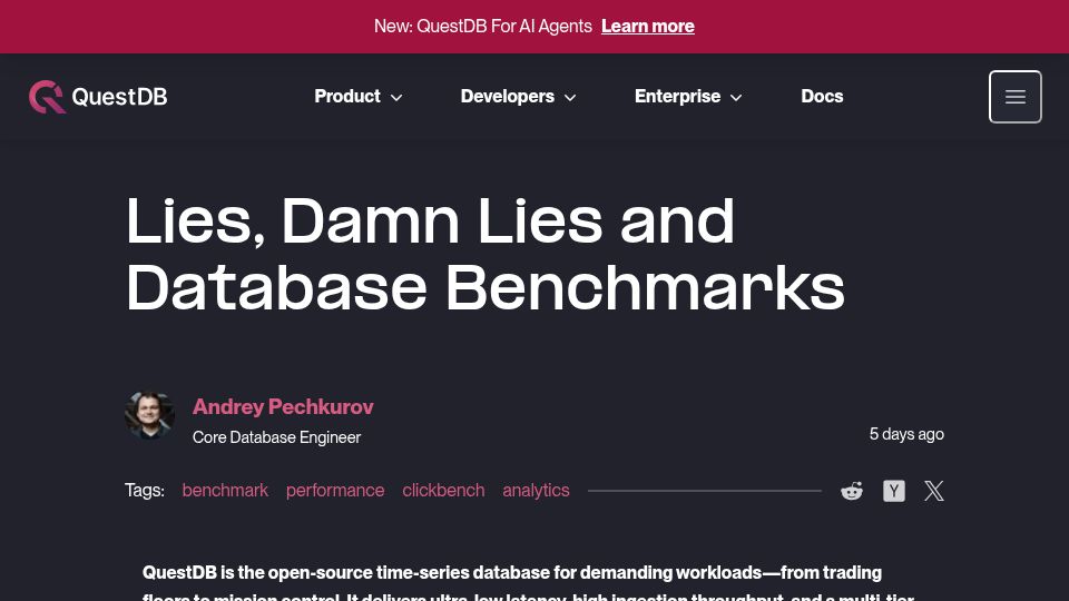 Screenshot of questdb.com: Lies, Damn Lies and Database Benchmarks