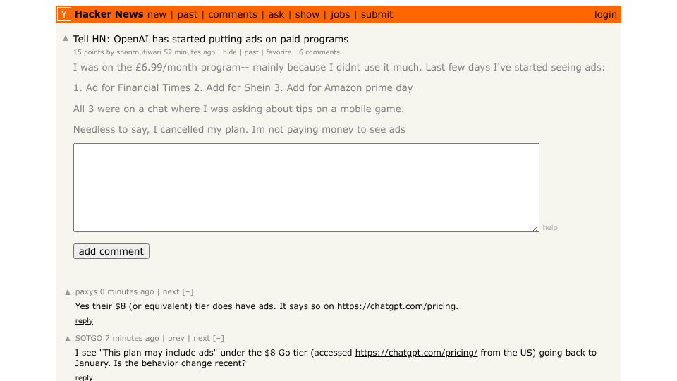 Screenshot of Hacker News post: Tell HN: OpenAI has started putting ads on paid programs