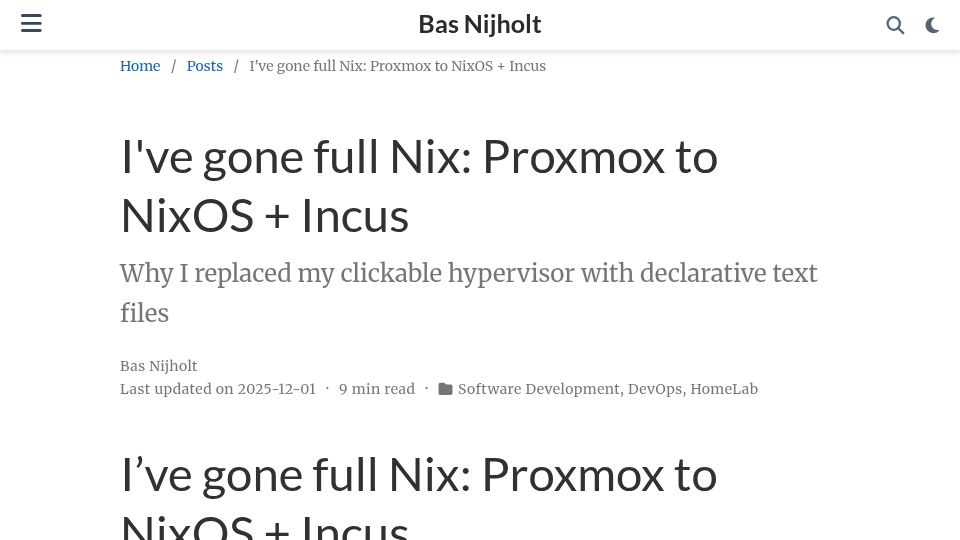 Screenshot of nijho.lt: Migrating from Proxmox to NixOS and Incus