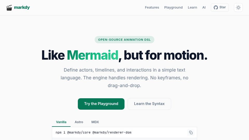 Screenshot of markdy.com: Markdy: Like Mermaid Diagrams, but for Motion