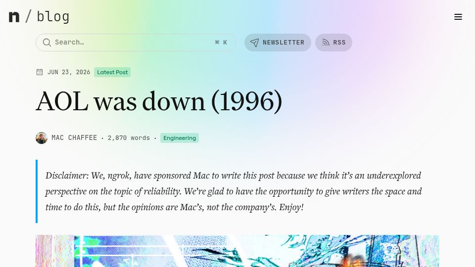 Screenshot of ngrok.com: A human postmortem of the 1996 AOL outage
