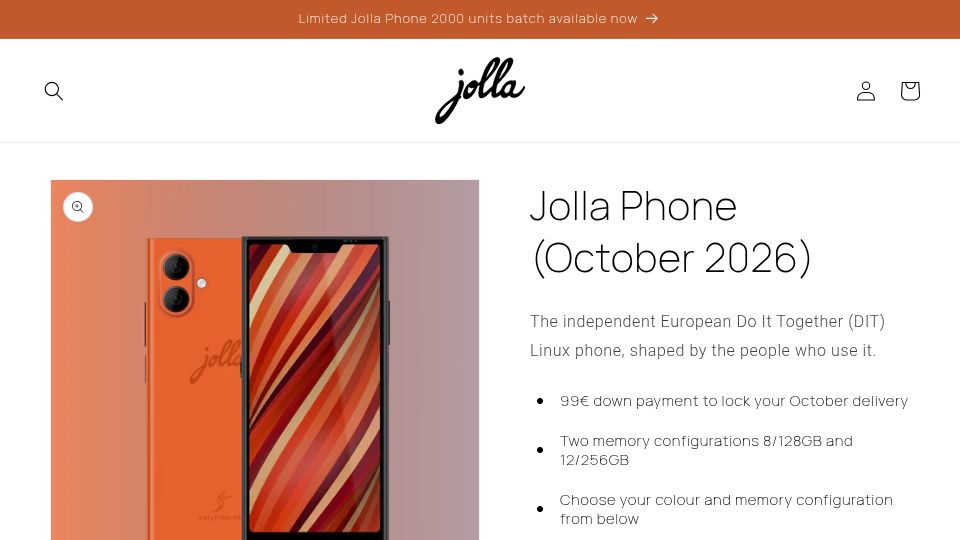 Screenshot of commerce.jolla.com: Jolla Phone (October 2026)
