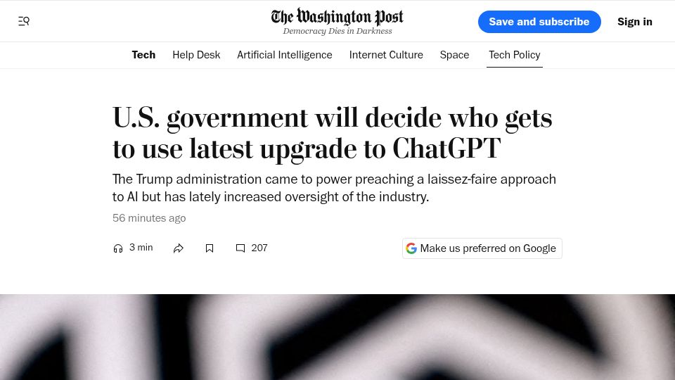 Screenshot of washingtonpost.com: U.S. government will decide who gets to use GPT-5.6