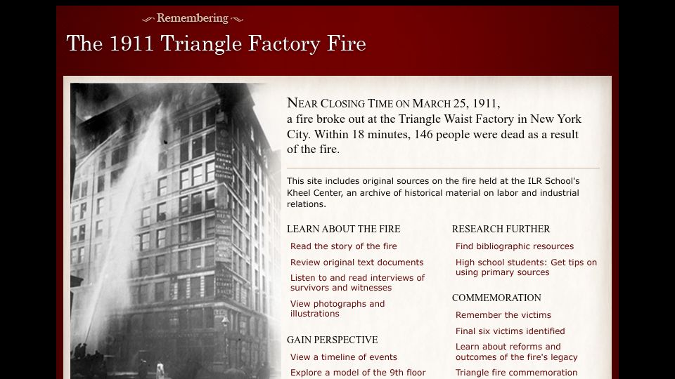 Screenshot of trianglefire.ilr.cornell.edu: Eyewitness at the Triangle (1911)
