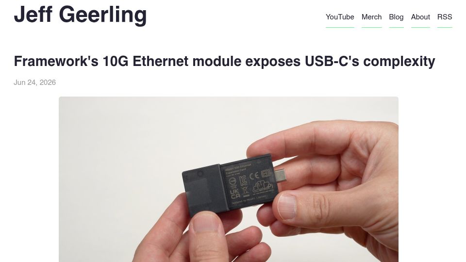 Screenshot of jeffgeerling.com: Framework's 10G Ethernet module exposes USB-C's complexity
